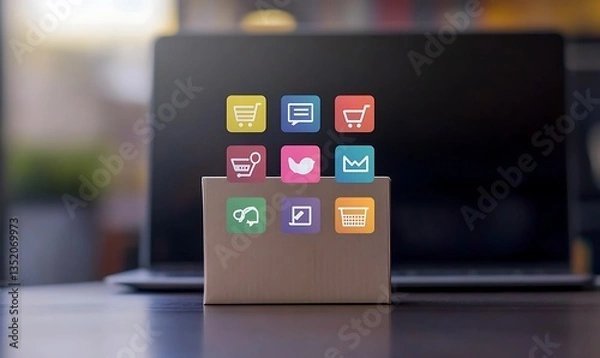 Obraz A cardboard box is placed on a table with digital shopping and cloud service icons floating above it.