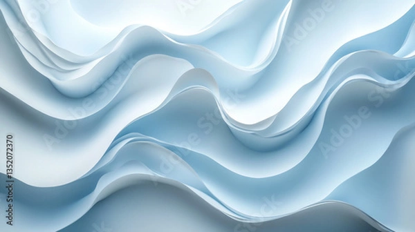 Fototapeta Soft flowing fabric creates an elegant wave pattern in pale blue and white tones, evoking a sense of calm in a serene atmosphere