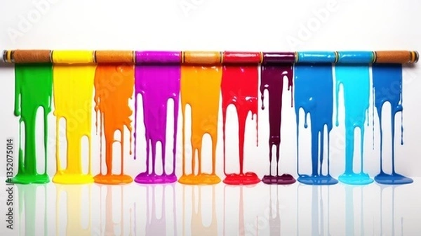 Fototapeta Multiple paint rollers with vibrant paint dripping off their edges lined up against a clean wall isolated on white background