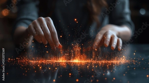 Obraz Woman building city in digital space, abstract art, futuristic concept, possible use for tech innovation stock photo