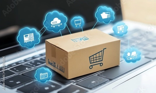 Obraz A small cardboard box with a shopping cart icon sits on a laptop keyboard, surrounded by floating blue cloud icons representing various digital