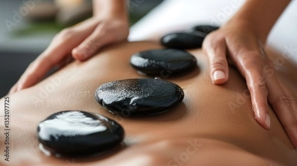 Fototapeta A person receiving a hot stone massage, with heated stones placed on their back, on a minimalist massage table.