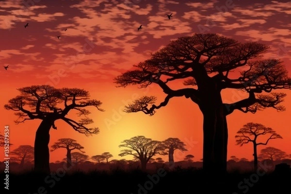 Fototapeta Silhouetted baobab trees with intricate branch patterns standing tall against a gradient evening sky