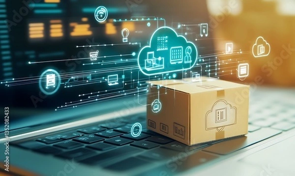 Obraz A small cardboard box with a shopping cart icon sits on a laptop keyboard, surrounded by floating blue cloud icons representing various digital