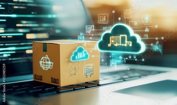 Obraz A small cardboard box with a shopping cart icon sits on a laptop keyboard, surrounded by floating blue cloud icons representing various digital