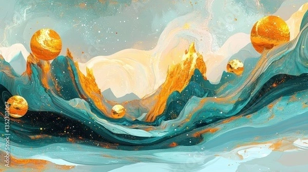 Fototapeta Artistic depiction of mountains with golden spheres and swirling colors