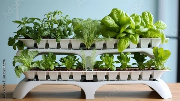 Fototapeta Minimalist hydroponic system showcasing plants with emphasis on contours against neutral background