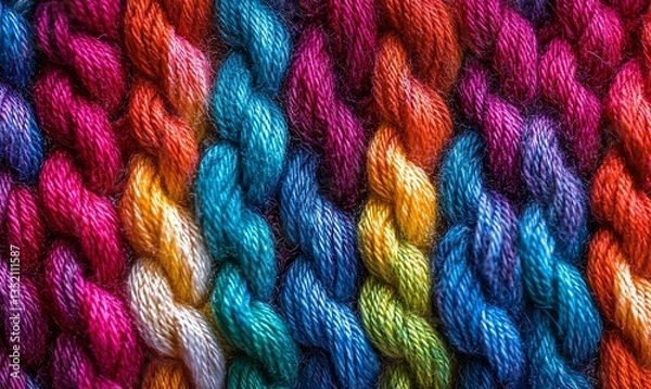 Obraz Close-up view of a knitted fabric texture stripes. Cozy wool yarn pattern perfect for backgrounds
