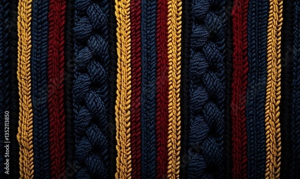Obraz Close-up view of a knitted fabric texture stripes. Cozy wool yarn pattern perfect for backgrounds