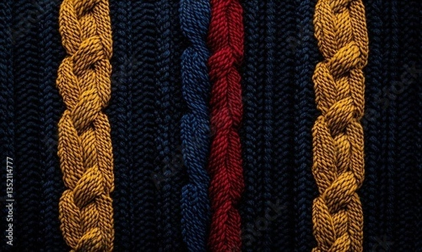 Obraz Close-up view of a knitted fabric texture stripes. Cozy wool yarn pattern perfect for backgrounds