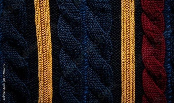 Obraz Close-up view of a knitted fabric texture stripes. Cozy wool yarn pattern perfect for backgrounds