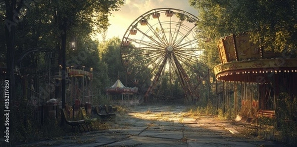 Fototapeta An abandoned amusement park is overgrown with trees and foliage