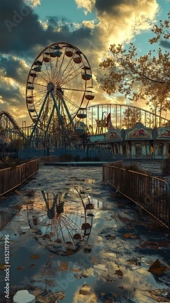 Fototapeta An abandoned amusement park reflecting in the wet ground below