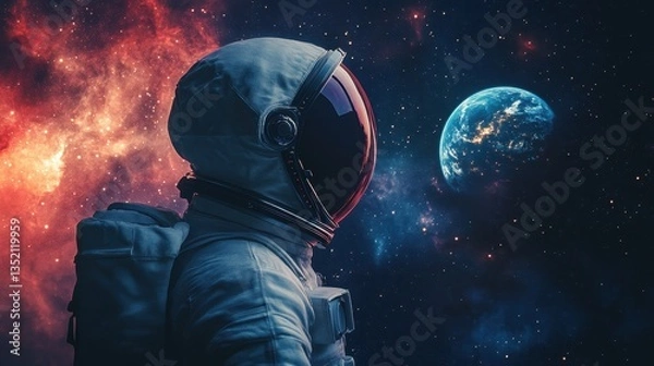 Fototapeta An astronaut gazes towards earth amidst a vibrant cosmic background
