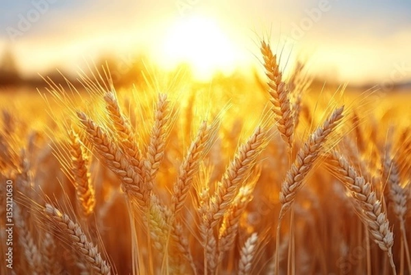 Fototapeta Golden wheat field illuminated by warm sunset glow. Concept of golden wheat field captures beauty, farming, serenity in nature's light.