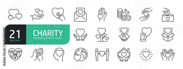 Fototapeta Charity line icon set. The set contains icons as Charitable Donation, Happy Family, Donation Box, Heart Shape, Volunteers, Giving, Teamwork, Relief, A Helping Hand, Fundraising.