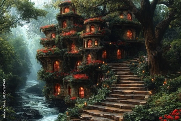 Fototapeta Enchanting stone mansion nestled in lush forest, cascading waterfall nearby