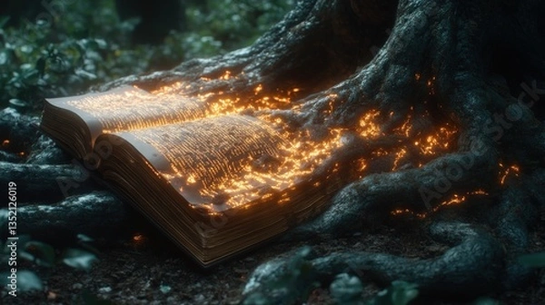 Fototapeta Glowing book rests at the base of an ancient tree, its pages illuminated with magical energy