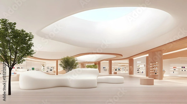 Fototapeta Modern retail store interior design with organic seating and skylights, showcasing products and plants