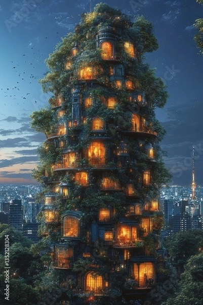 Fototapeta Lush, vertical city dwelling, illuminated windows, twilight sky
