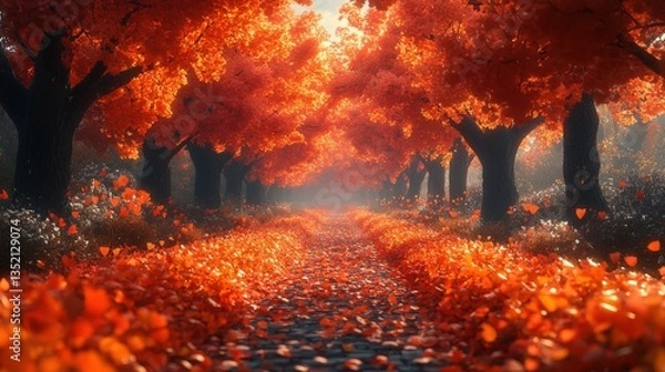 Fototapeta Magical autumn path through vibrant red leaves