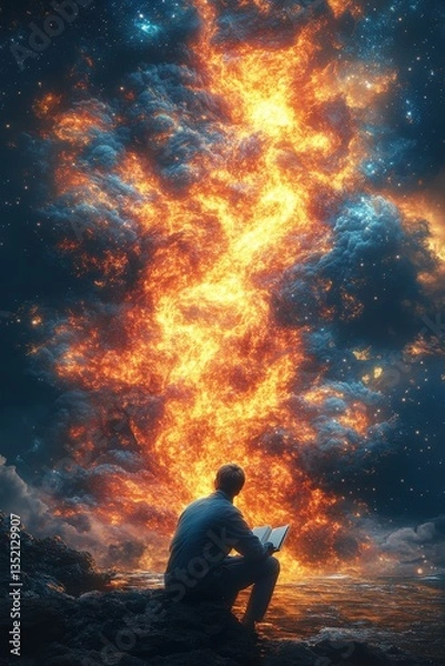 Fototapeta Man reads by fiery, cosmic pillar. Night scene. Surreal