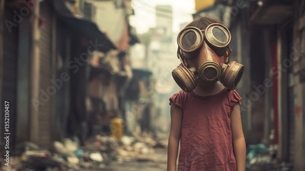 Fototapeta Child Wearing Gas Mask in Urban Environment with Debris and Trash