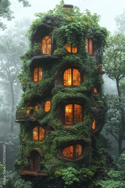 Fototapeta Mystical treehouse nestled in a misty forest, glowing windows