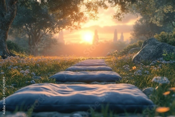 Fototapeta Serene sunset path, leading through wildflowers to distant temples