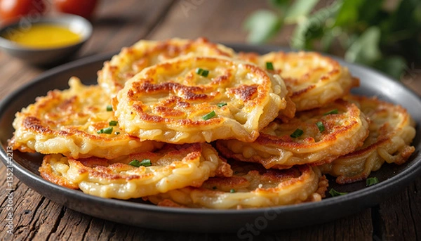 Fototapeta Close-up of crispy rösti on rustic plate, culinary delight