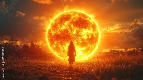 Fototapeta Solitary figure facing immense, fiery celestial body