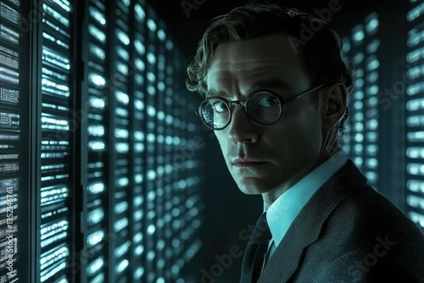 Fototapeta A man in glasses stands before a wall of glowing server racks, exuding an aura of technological expertise and mystery.
