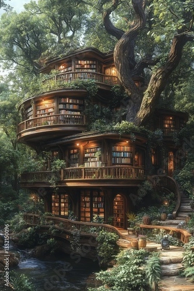 Fototapeta Treetop library, nestled among lush foliage, overlooks a tranquil stream