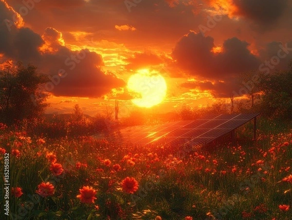 Fototapeta Vibrant sunset over a field of red flowers with solar panels