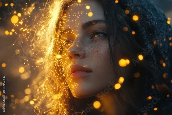 Fototapeta Woman's face, illuminated by golden sparkles, contemplative expression