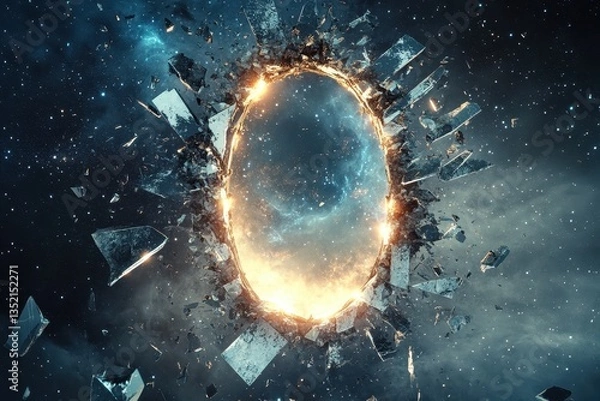 Fototapeta A glowing oval portal shattering in a cosmic starry space