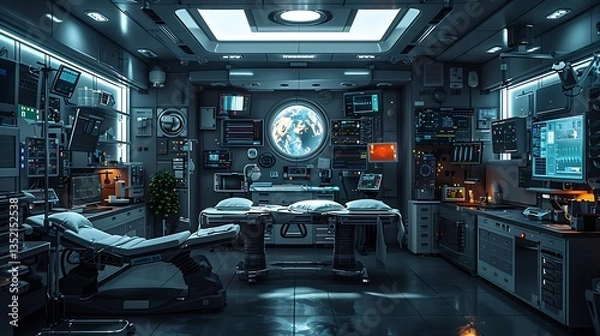 Obraz Highly detailed digital illustration of a futuristic operation room filled with advanced medical and research equipment.