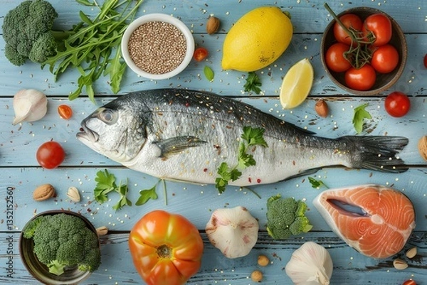 Fototapeta Overhead view of a fish surrounded by vegetables nuts herbs and lemon on wood