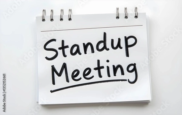 Obraz Notepad with "Standup Meeting" written on it on white background, corporate office Standup Meeting notes on a notepad, 