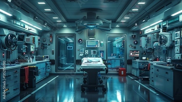 Obraz Highly detailed digital illustration of a futuristic operation room filled with advanced medical and research equipment.