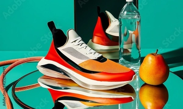 Obraz Vibrant pop art-inspired photograph featuring a pink and yellow sneaker, a tilted circular mirror reflecting a bottle of lemon water