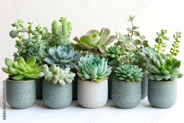 Obraz Succulent plants in concrete pots on wooden shelf against white wall.