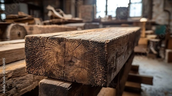 Obraz Close-up of a weathered, square reclaimed wood beam in a workshop.