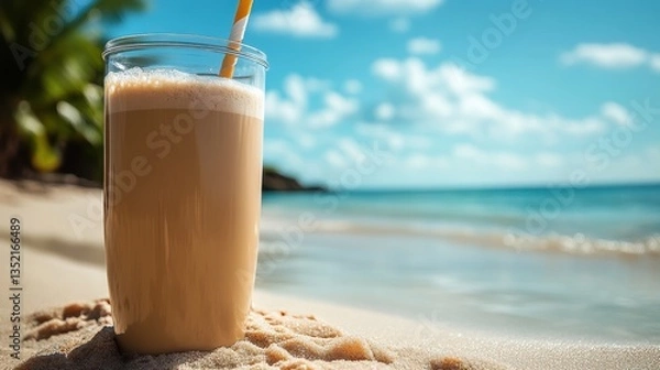 Obraz Enhanced protein shake resting on sandy beach with azure waters, embodying a perfect getaway for fitness enthusiasts and wellness lovers