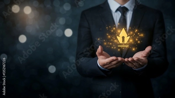 Obraz Close-up image of a businessman holding a magnifying glass showing the word "SEO" on a digital grid background