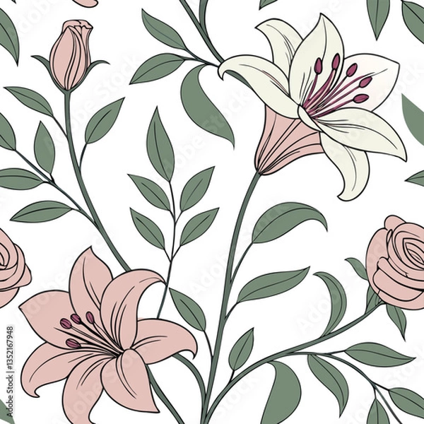 Obraz Elegant Seamless Pattern of Lilies and Roses Floral Design Botanical Illustration