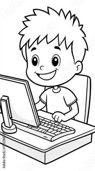 Fototapeta Boy using computer at desk for educational purposes. Line art style, isolated illustration