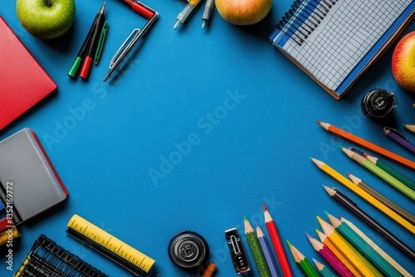 Obraz Back to school supplies arranged around a vibrant blue background. Apples, pencils, notebooks, and more!