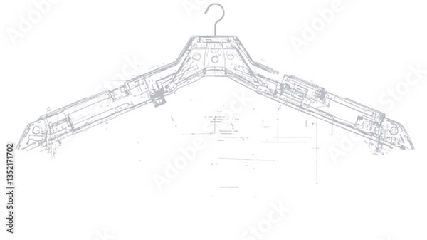 Obraz Close-up studio shot of a transparent plastic clothes hanger. The hanger is depicted in a line drawing style with a focus on its shape and structure. The image is primarily in shades of grey on a