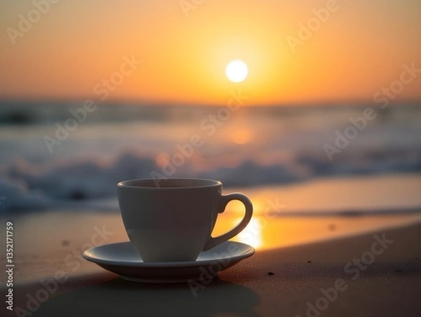 Fototapeta Morning coffee at the beach with sunrise lighting up the sky and waves gently lapping at the shore
